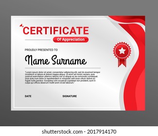 Red and White Certificate template. Diploma of elegant certificate Vector. Graduation Certificate border template with wavy gradient Background design style.