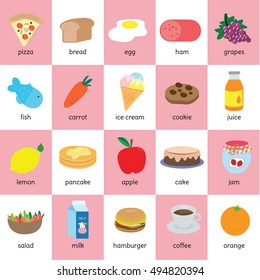 A red and white chart with food in it.