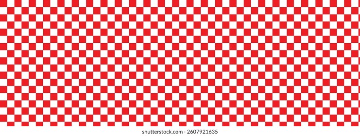 Red and white checker pattern vector illustration for game, grid with geometric square shape, race or rally flag and mosaic floor tile.