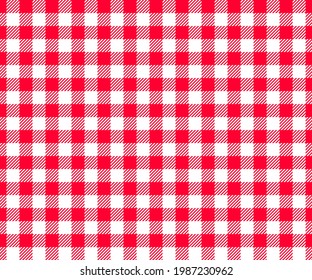 Red and white checkered background with striped squares for picnic blanket, tablecloth, plaid, shirt textile design. Gingham seamless pattern. Fabric geometric texture. Vector flat illustration.