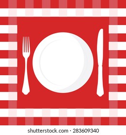 Red and white checkered tablecloth with fork, knife and plate vector illustration. Picnic table cloth