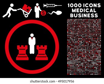 Red And White Chess Strategy vector bicolor rounded icon. Image style is a flat icon symbol inside a circle, black background. Bonus set has 1000 health care business pictograms.