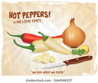 Red and White chilli pepper vector illustration with onion and ginger pieces