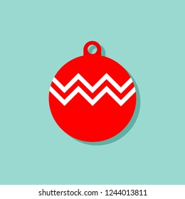 Red and white christmas ball flat icon. Vector image isolated at blue background.