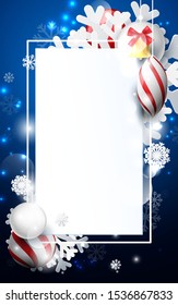 Red and white christmas balls with ornaments snowflakes, gold bell and geometric on dark blue background. Christmas Banner, posters, headers, cards and website