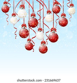 Red and white Christmas balls with snow, illustration.