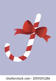 Red and white christmas candy cane with red bowknot isolated on purple background. Vector illustration of Christmas ornarment element.