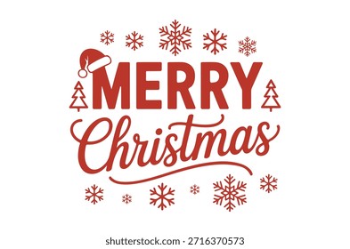 Un diseño de Navidad rojo y blanco con copos de nieve, un sombrero de santa y texto festivo.