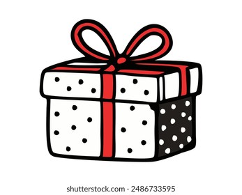 Red and white Christmas gift box isolated on white background. Concept of holiday present, festive decoration, minimalist style, wrapped package. Print, design element, graphic art.