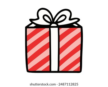 Red and white Christmas gift box isolated on white background. Concept of holiday present, festive decoration, minimalist style, wrapped package. Print, design element, graphic art.