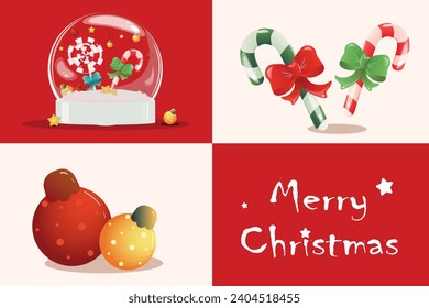 Red and white Christmas greeting card divided into square sectors of white and red. Yellow and red glass balls, candy canes and souvenir balloon. Greeting inscription. Horizontal. Vector.