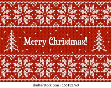 Red and white Christmas knit, vector greeting card