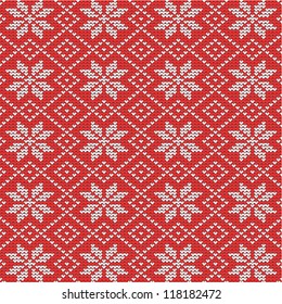 Red and white Christmas knitted pattern with nordic style snowflakes, plus seamless pattern included in swatch palette (pattern fill expanded). For high res JPEG or TIFF see image 118182481