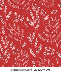 Red and white Christmas pattern of forest twigs. Monochrome hand drawn repeat background of gentle wild branches.