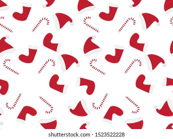 Red White Christmas Pattern, Santa Hat, Red Sock, Candy Cane