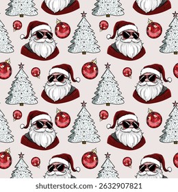Red and White Christmas Pattern with Santa and Trees. Seamless Festive Design with Santa and Baubles