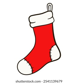 Red and white Christmas sock. Cartoon illustration