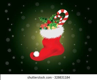 Red and white Christmas stocking, filled with gifts and candy canes, on dark green background with snowflakes and vignette concept. Vector illustration format.