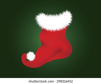 Red and white Christmas stocking on solid dark green background with vignette concept. Vector illustration format. Saved in illustrator version 10. 