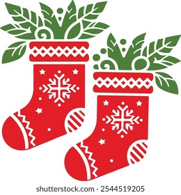 Red and white Christmas stockings with green leaves design on white background