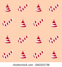 Red And White Christmas Tree With Candy Canes Decorated Background.