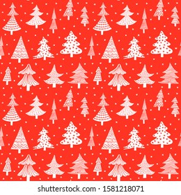 Red and white Christmas vector seamless pattern with holiday trees 
