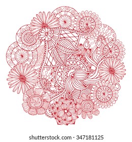 Red and white circle flower ornament, ornamental round lace design. Floral mandala. Hand drawn ink pattern made by trace from personal sketch.