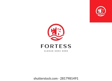 Red and white circular Fortress logo featuring a stylized castle and waves, ideal for coastal security, real estate, tourism and corporate branding projects seeking a bold, modern emblem.