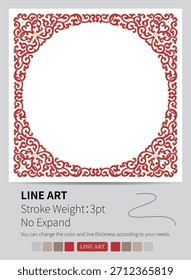 Red and white circular frame showcases an elegant ornate swirl design.