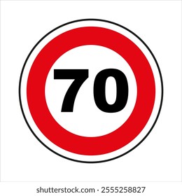 Red and white circular road sign indicating a maximum speed limit of 70, emphasizing traffic safety.