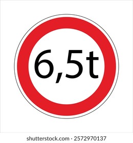 Red and white circular road sign indicating a weight limit restriction, prohibiting vehicles heavier than 6.5 tons.