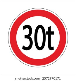 Red and white circular road sign showing a 30 tons weight limit for heavy vehicles.