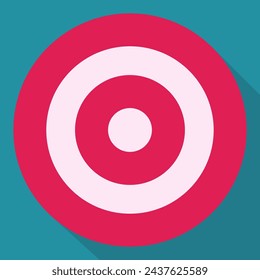Red and white circular target on blue background and long shadow in flat design style