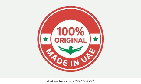 Red and white circular vector graphic badge featuring a bold hundred percent original stamp made in the united arab emirates