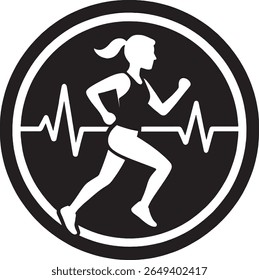 Red and white circular vector icon featuring a woman running with a heartbeat line in the background. Perfect for fitness apps, health brands, workout programs, and wellness campaigns.