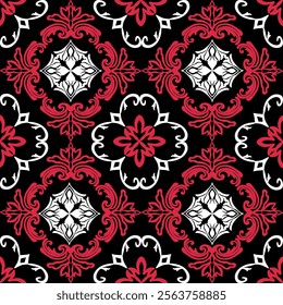 Red, white classic traditional damask design on black background, seamless pattern, vector illustration. Design for fabric ends and clothing. Motifs pattern.