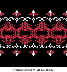 Red, white classic traditional damask design on black background, seamless pattern, vector illustration. Design for fabric ends and clothing. Motifs pattern.