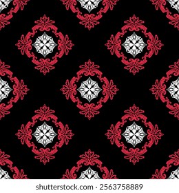 Red, white classic traditional damask design on black background, seamless pattern, vector illustration. Design for fabric ends and clothing. Motifs pattern.