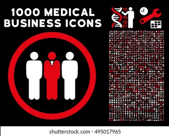 Red And White Clerk Staff vector bicolor rounded icon. Image style is a flat icon symbol inside a circle, black background. Bonus clip art has 1000 medical business elements.