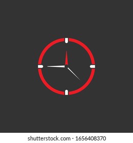 rote und weiße Uhr. Flaches Symbol einzeln auf schwarzem Hintergrund. Zeitpiktogramm. Minuten. Zeit zu arbeiten oder Konzept zu erstellen.
