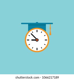 red and white clock with graduation cap or mortar board. flat icon isolated on blue. Education time. online course. Design thinking. Vector illustration. Knowledge