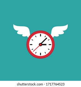 red and white clock with wings. Flat icon isolated on powder blue. Fast time stop watch, limited offer, deadline symbol. Vector illustration. Business or study schedule