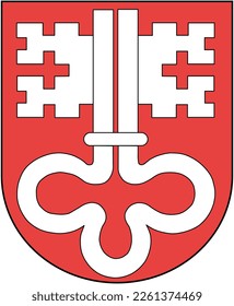 Red and white coat of arms with key of Swiss Canton Nidwalden. Illustration made February 12th, 2023, Zurich, Switzerland.