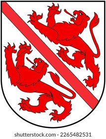 Red and white coat of arms of Swiss City of Winterthur with two lions. Illustration made February 22nd, 2023, Zurich, Switzerland.