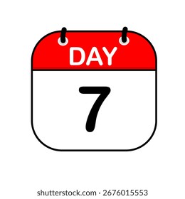 Red and white color calendar icon with words “day 7” in cartoon flat design. Sticker, poster, banner, emoticon, business, deadline, office.