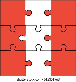 red & white color with nine complete Jigsaw vector or Puzzle simple modern illustration on flat design style with national peru flag in south america & black line or outline background 