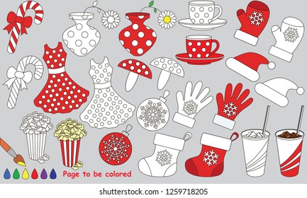 Red and White Color Objects elements set, collection of coloring book template, the group of outline digital elements vector illustration, kid educational game page.