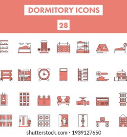 Red And White Color Set of Dormitory Icon In Flat Style.