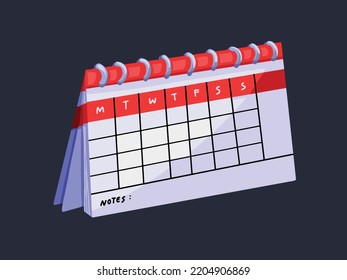 Red And White Colored Calendar Vector Illlustration With Flat Color And Shadows. Cartoon Drawing Office Desk Calendar To Keep Up The Date And Meeting Reminder.