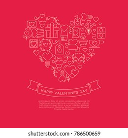 Red and white colored card with gigantic heart consisting of many similar envelopes, gifts, symbols and wishes with happy valentines day on the red background vector illustration